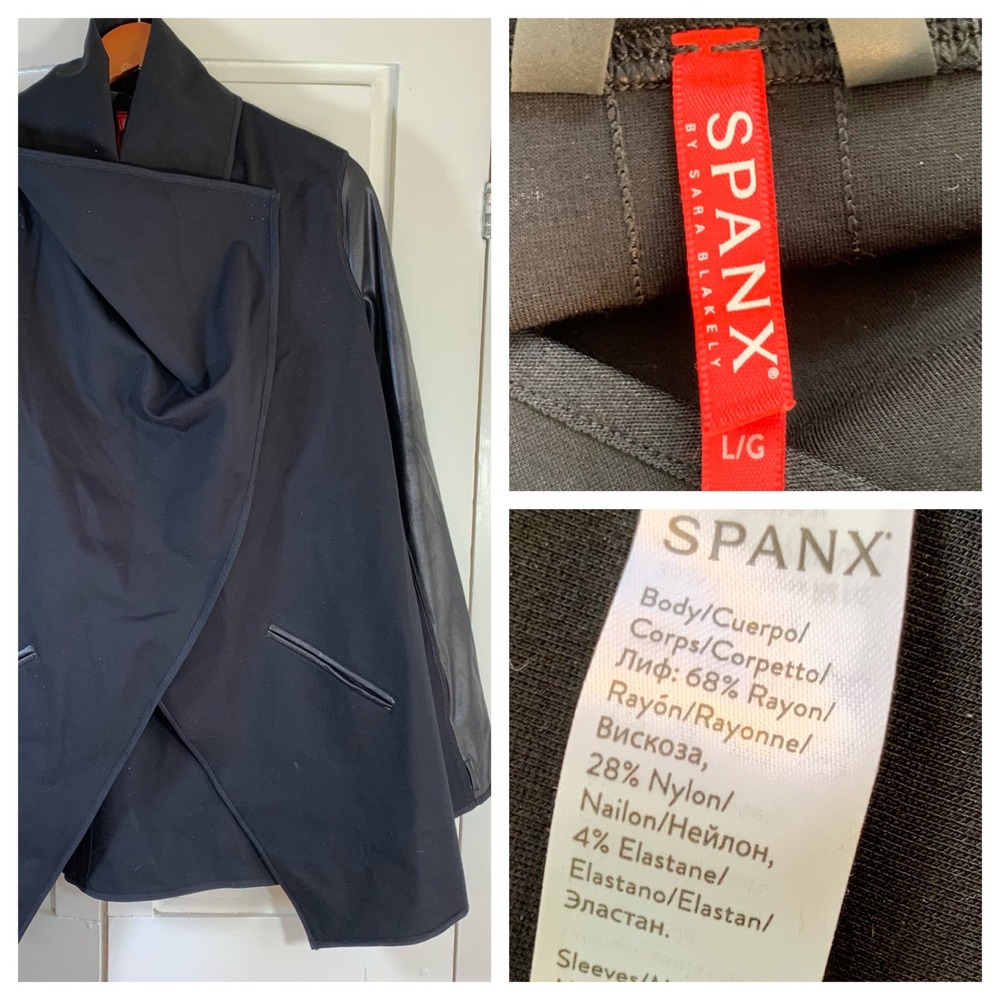 Spanx Black Wrap Drape Faux Leather Sleeve Statement Jacket Coat Size L / G